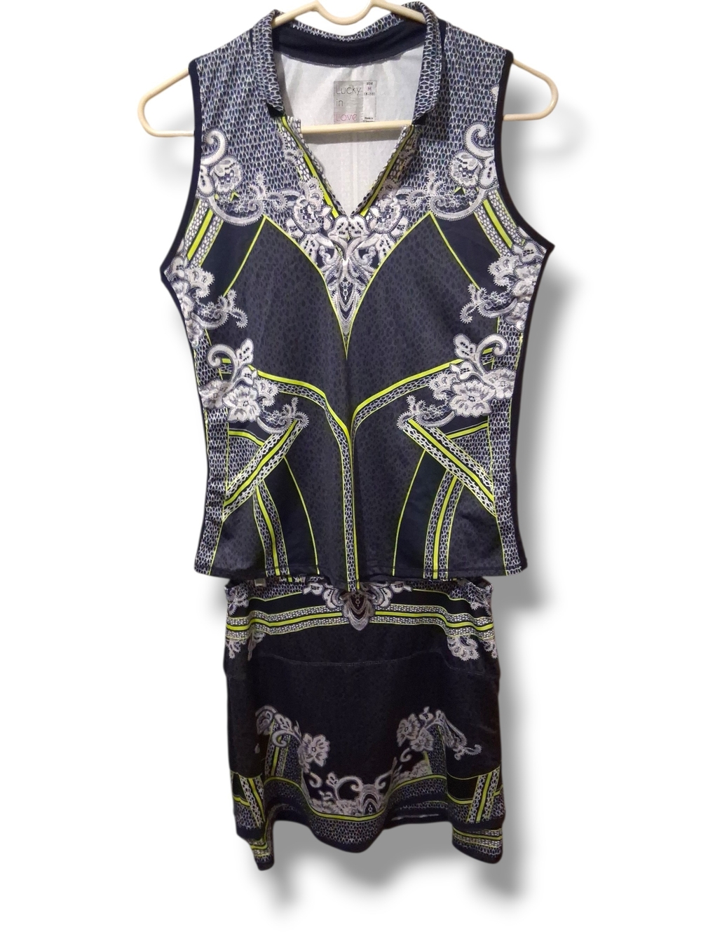 Lucky in Love Golf Set Navy Lime Lace Print Top & Skort